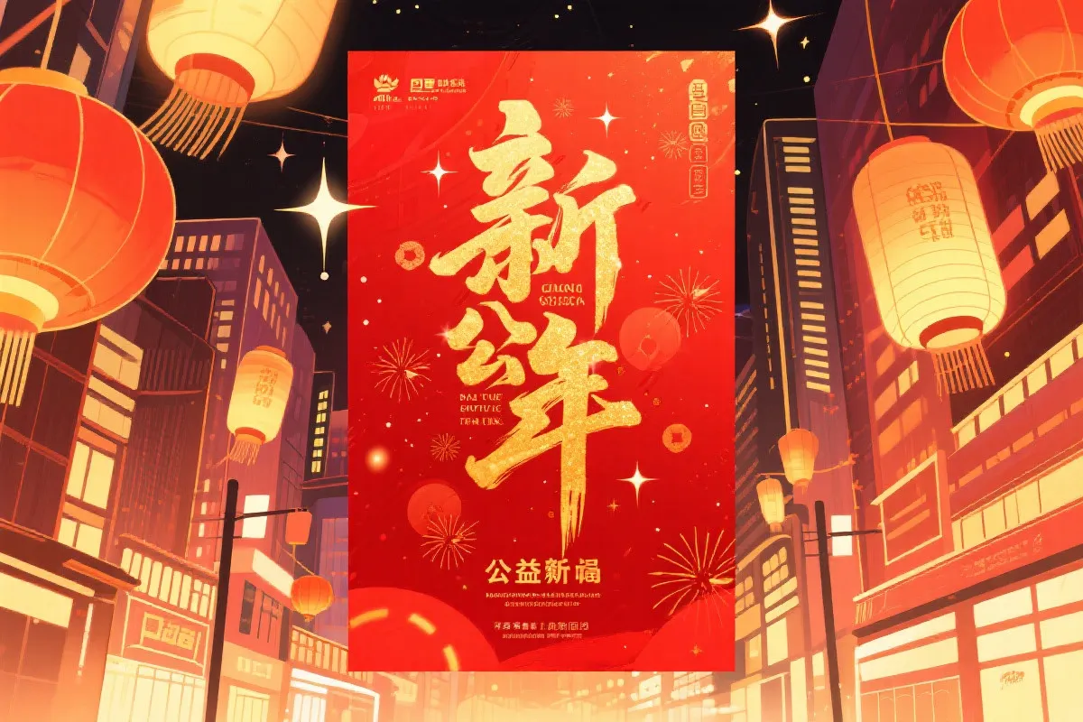 喜庆新春氛围的主题插画，传递公益与幸运的温度